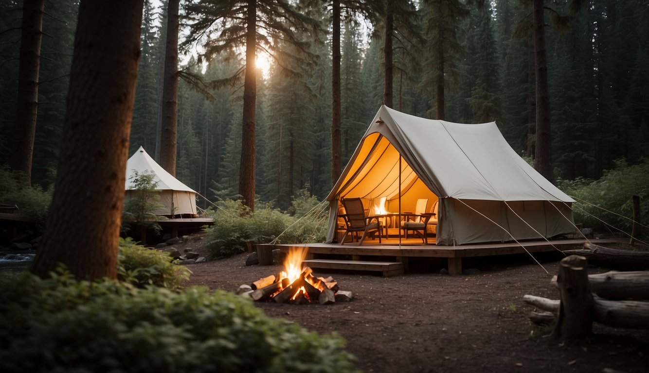 A cozy glamping tent nestled in a serene forest clearing, surrounded by towering trees and a tranquil stream, with a warm campfire crackling nearby