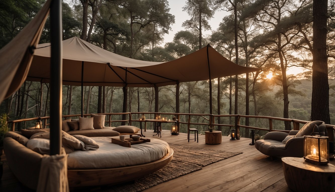 A luxurious safari tent nestled in a serene forest clearing, with a cozy bed, elegant furnishings, and a private outdoor deck with a stunning view