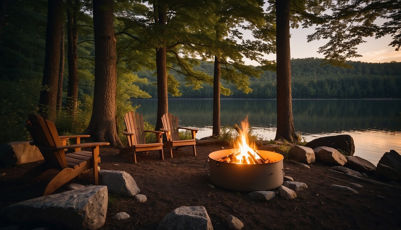A cozy campfire illuminates a group of luxurious tents nestled among tall trees in upstate NY. Canoes sit by the water's edge, and a hiking trail winds through the picturesque landscape
