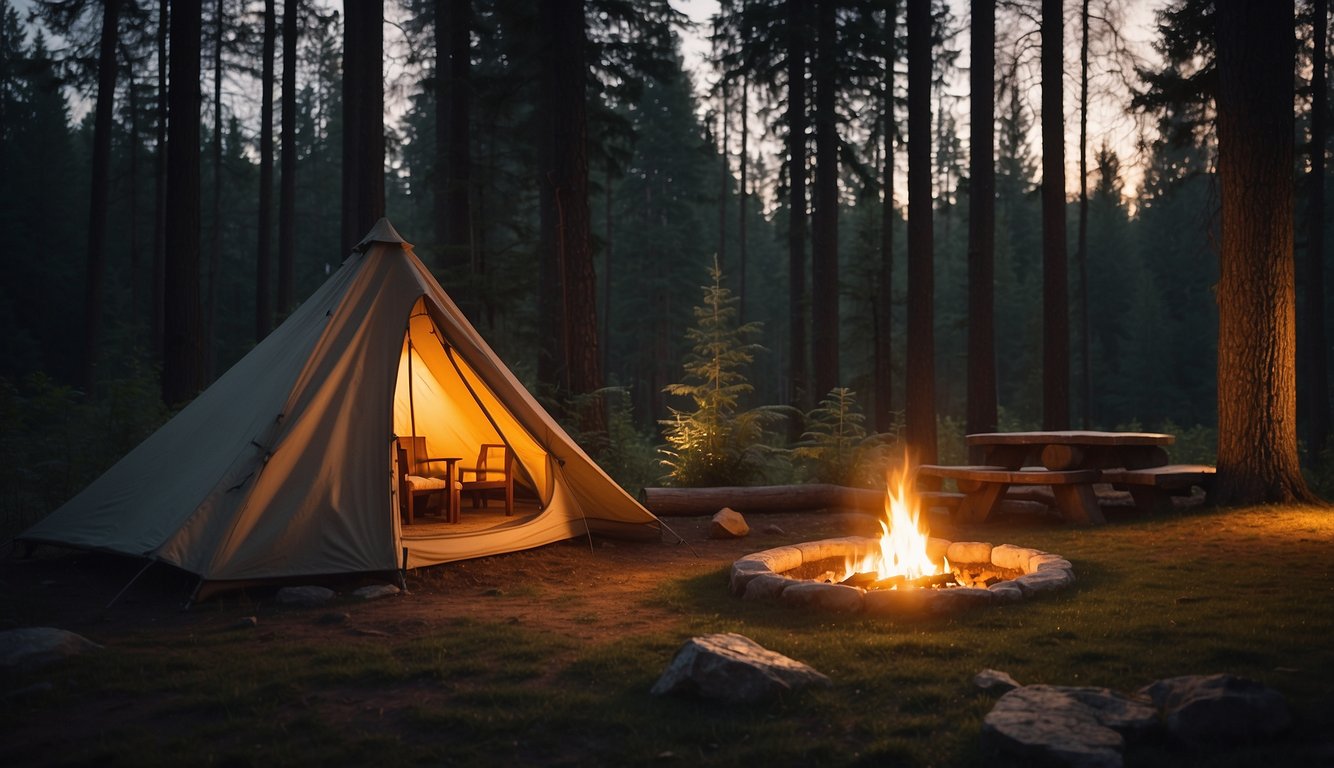 A cozy tent nestled among tall trees, with soft blankets and warm lighting. A crackling fire pit and a bubbling stream nearby