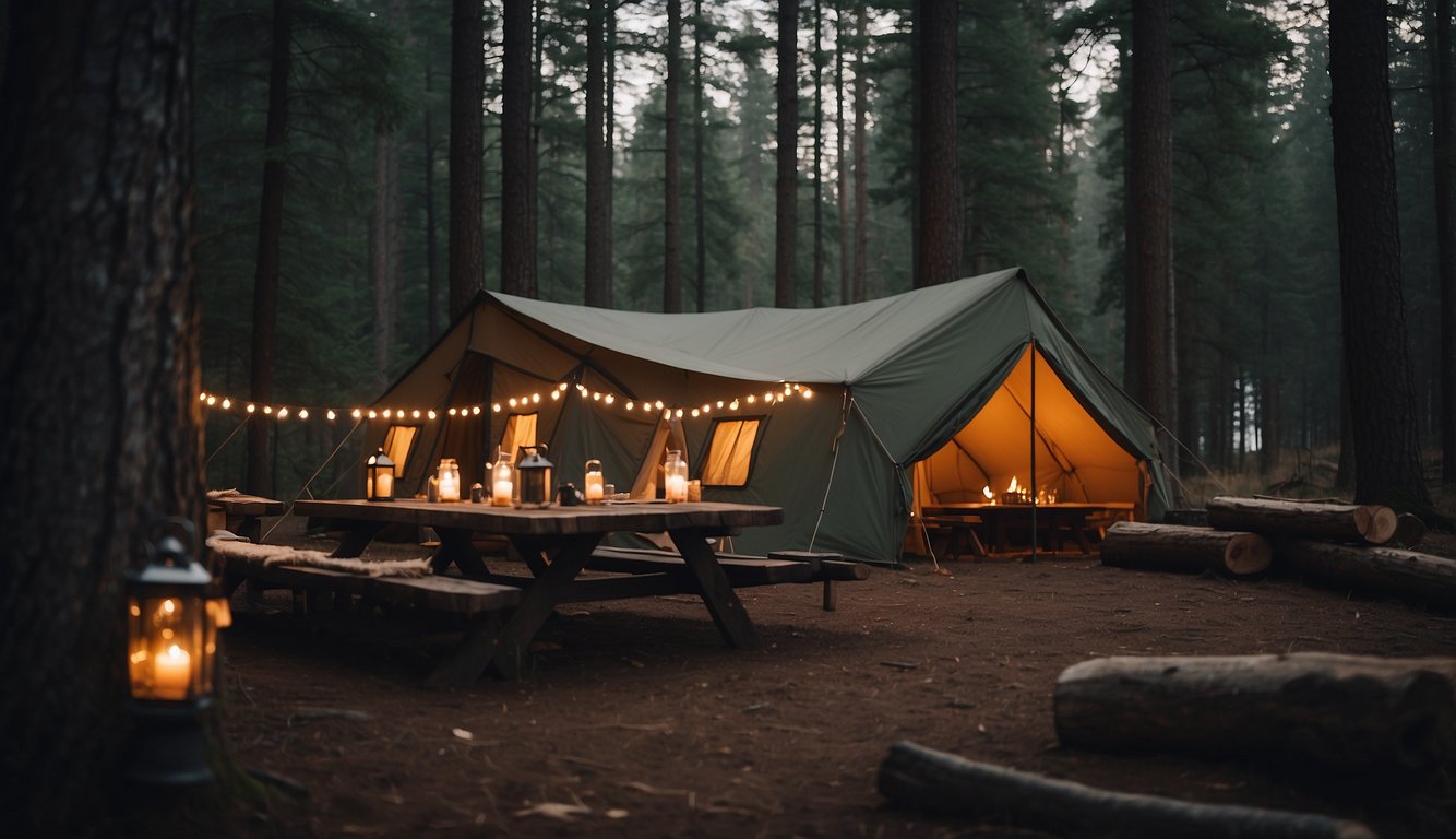 A cozy tent nestled in the woods, surrounded by tall pine trees and a crackling campfire. A picnic table set for a meal, with lanterns hanging overhead