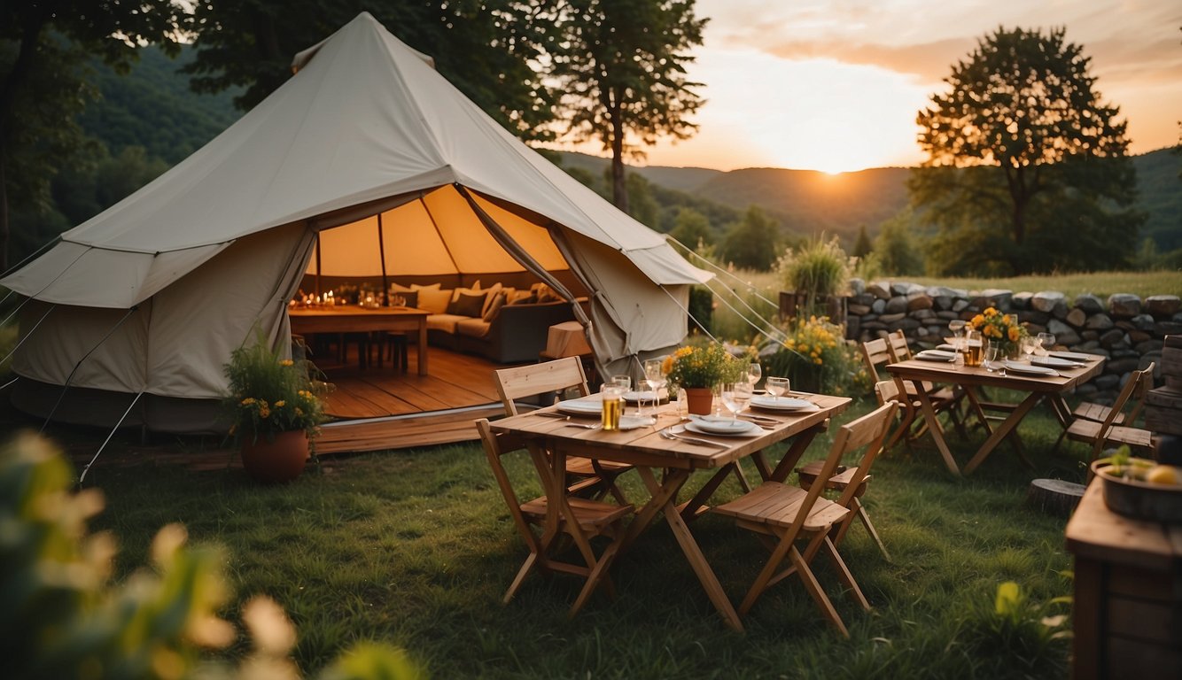 A cozy glamping tent surrounded by lush greenery, with a table set for a local cuisine feast. The sun sets behind the rolling hills of upstate NY