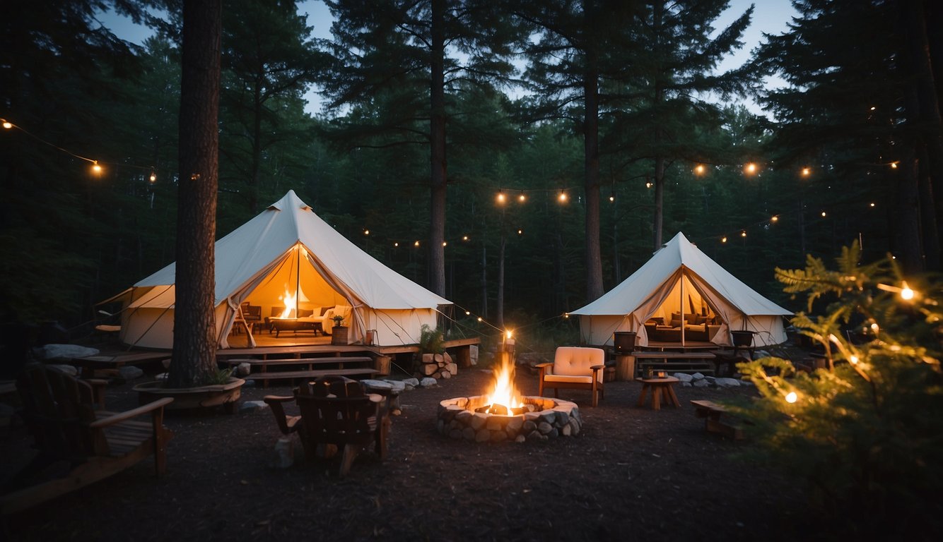 A cozy glamping site in upstate NY, with luxurious tents nestled among tall trees, a crackling campfire, and a starry night sky above