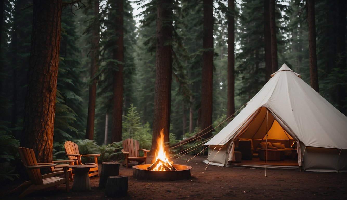 A cozy glamping tent nestled in the lush forests of Washington state, with a crackling campfire and towering evergreen trees in the background