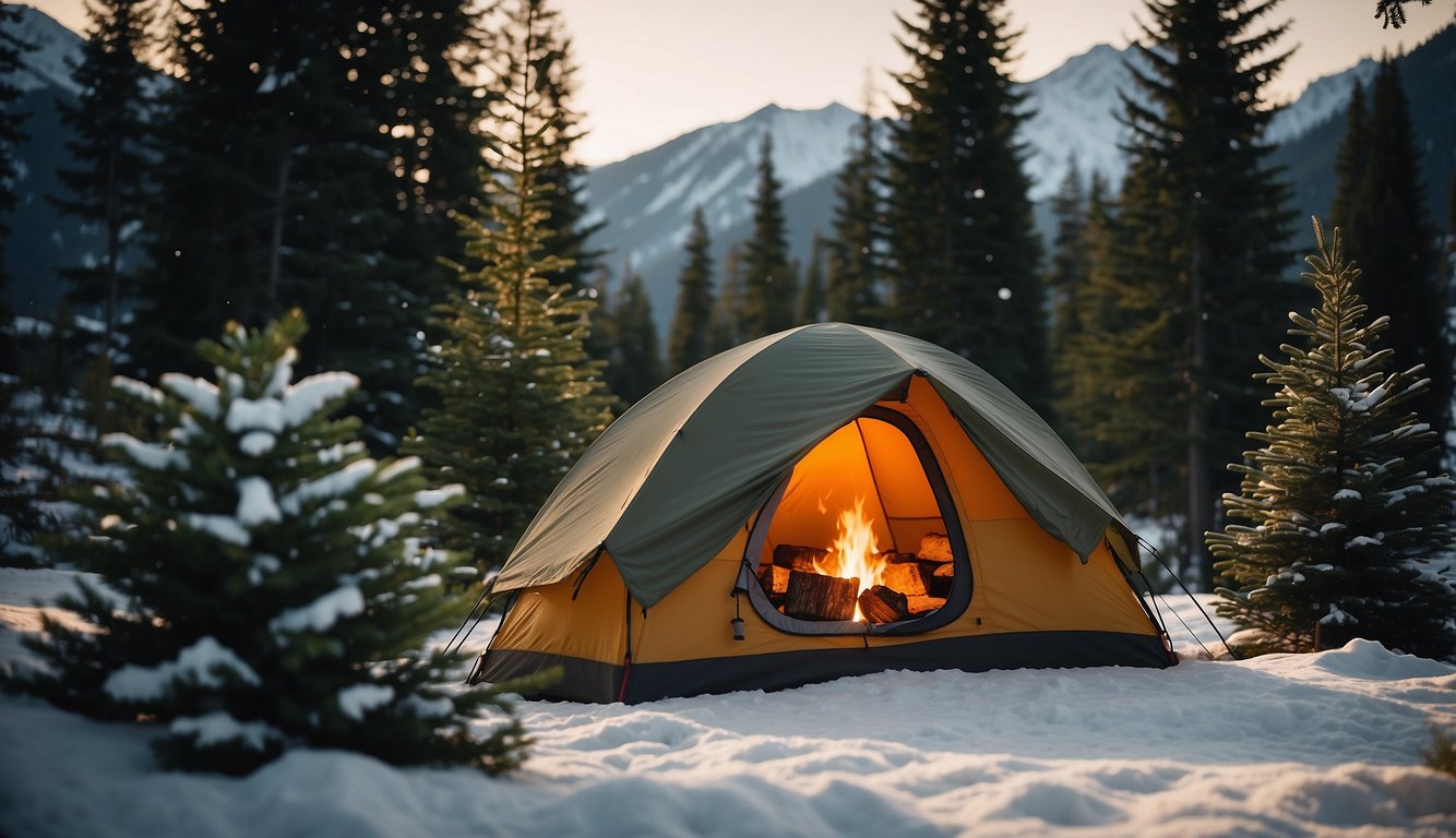 A cozy canvas tent nestled among tall evergreen trees, with a crackling campfire and a view of the snow-capped mountains in the distance