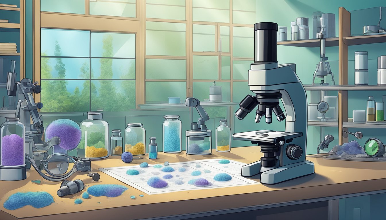 A microscope focuses on mold spores, while data charts and scientific equipment surround the lab table