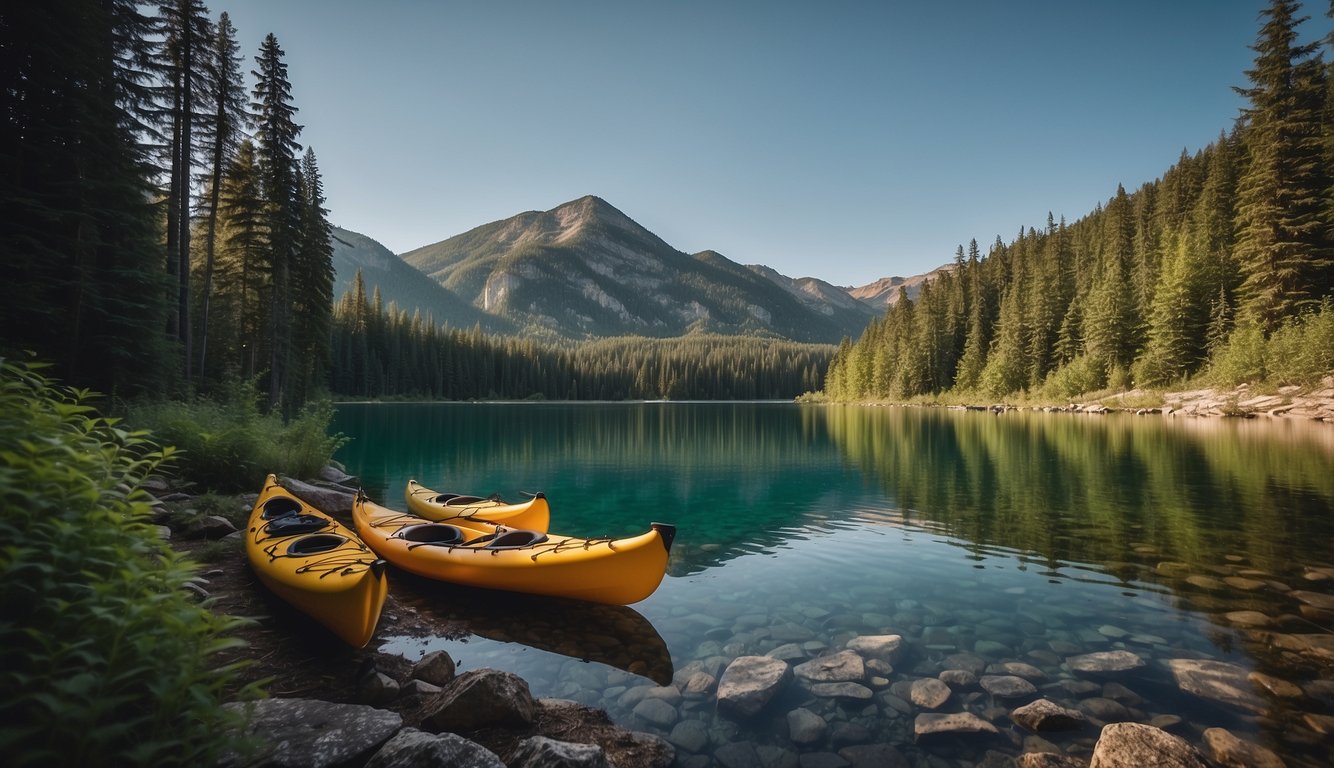 Lush forest, cozy tents, campfire, hiking trails, kayaks on calm lake, mountain backdrop