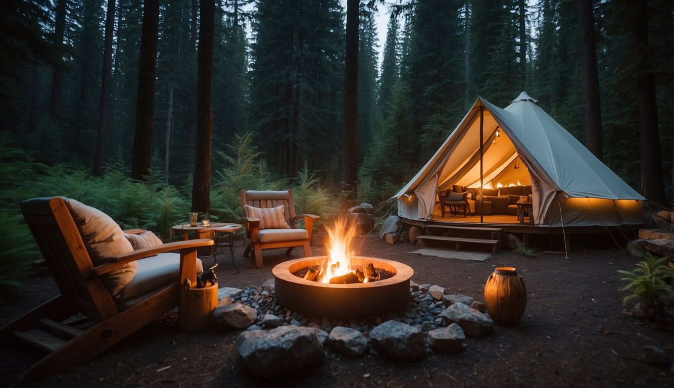 A cozy glamping tent nestled in the lush forests of Washington state, with a crackling fire pit and a clear starry sky above