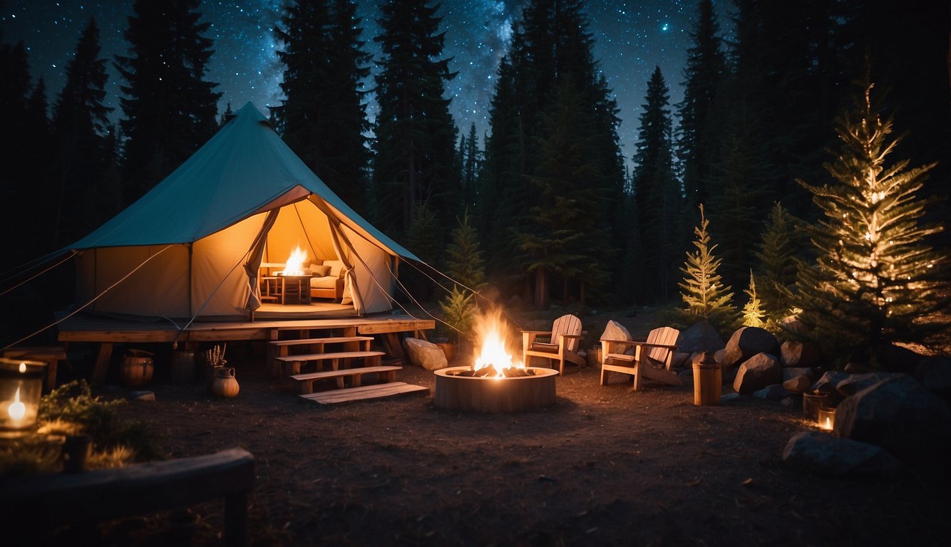 A cozy glamping site in Washington state with a rustic tent, crackling campfire, and towering evergreen trees under a starry night sky