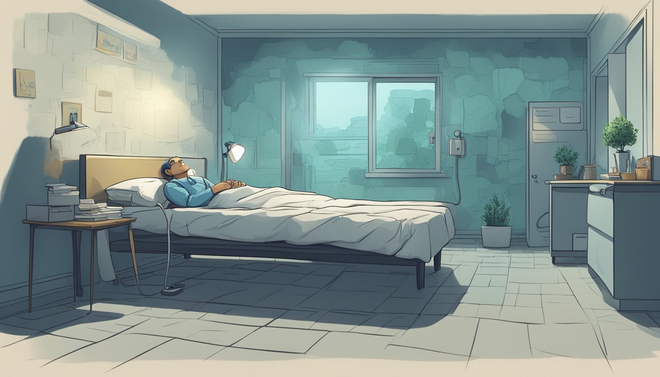 A dimly lit room with mold growing on the walls. A person lying on a bed, looking fatigued. A doctor discussing symptoms and treatment options