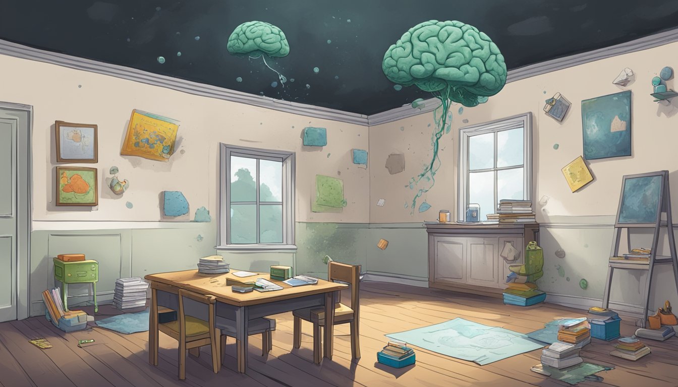 A dark, damp room with mold growing on the walls and ceiling. A child's toys and books are scattered around, and a small child's drawing of a brain is visible on a nearby table