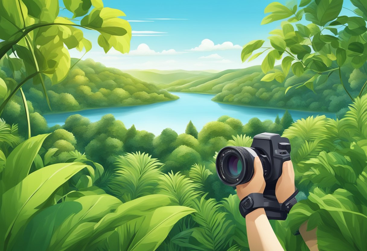 A camera lens adjusting focus on a vibrant landscape, with a clear blue sky and lush greenery, showcasing the sharpness and clarity of the image