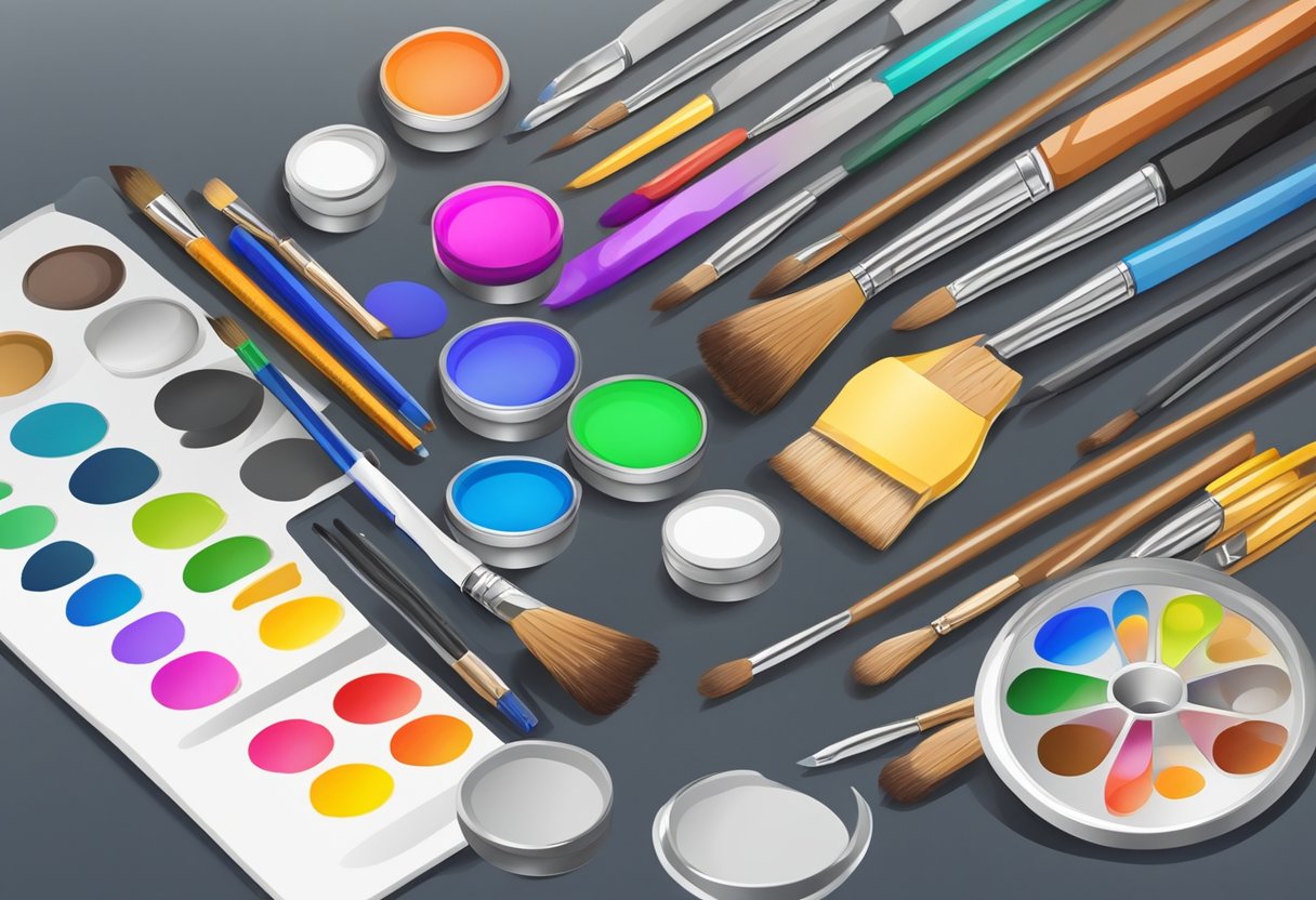 A colorful palette of art supplies scattered on a desk, with a blank canvas and a variety of brushes and pencils ready for use