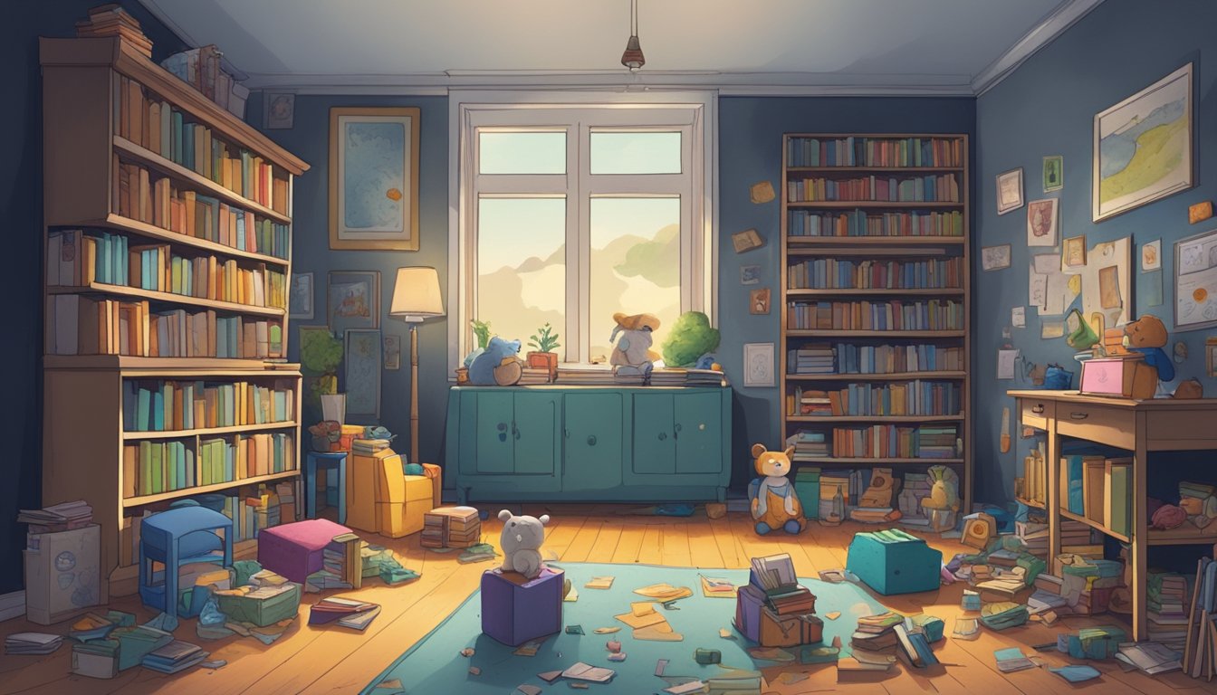 A dark, damp room with visible mold growth on walls and furniture. Books and toys are scattered around, hinting at a child's presence