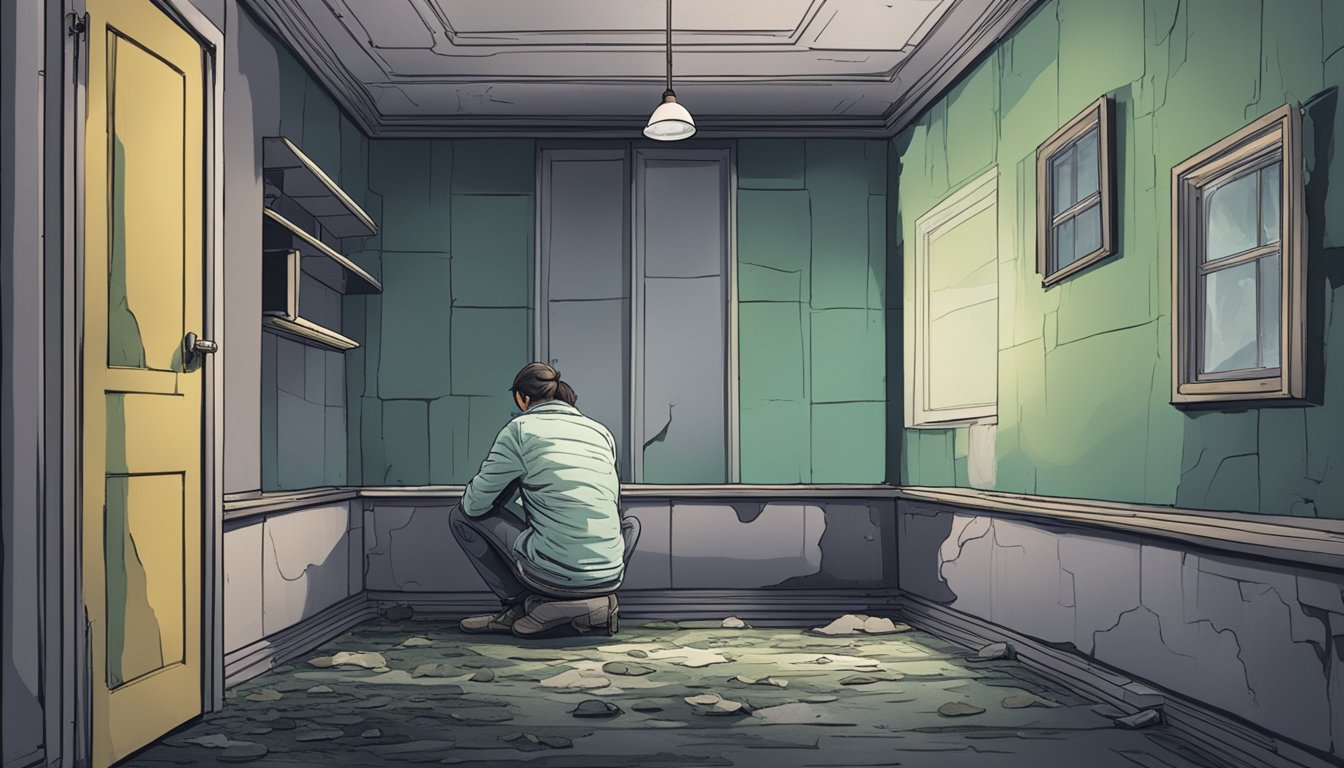 A dark, damp room with visible mold growth on the walls and ceiling. A person sits huddled in a corner, visibly distressed and anxious