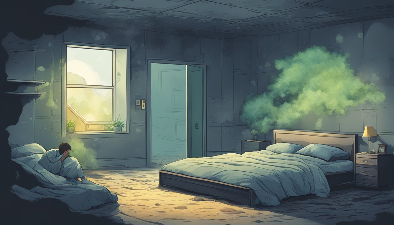 A dark, damp room with visible mold growth on walls and ceiling. A person lying in bed, tossing and turning, unable to sleep due to mold exposure