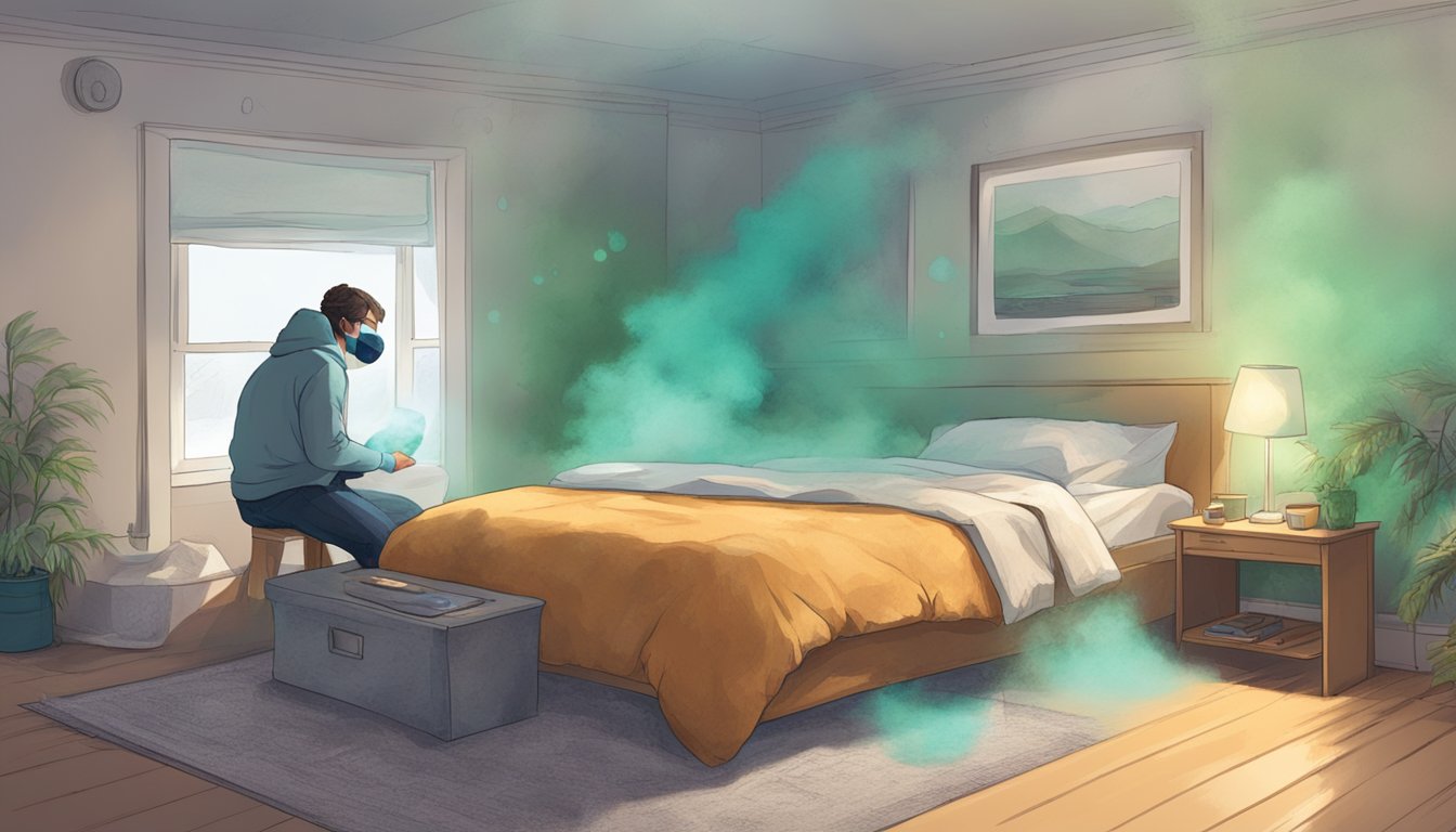 A bedroom with mold growth on walls and ceiling, a humidifier, open windows, and a person wearing a mask while sleeping