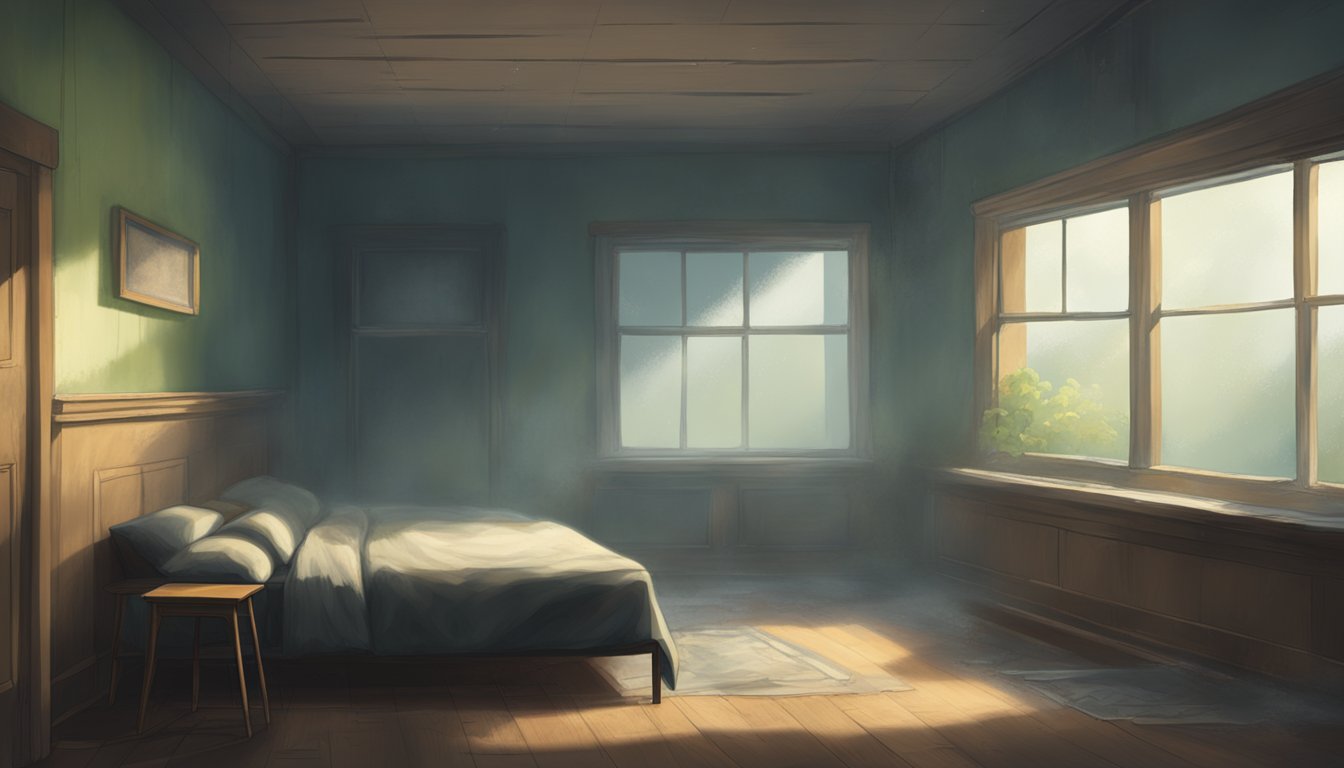 A dimly lit room with damp walls and visible mold growth. Windows are closed, and the air feels stuffy. Dust particles float in the air, adding to the unhealthy environment