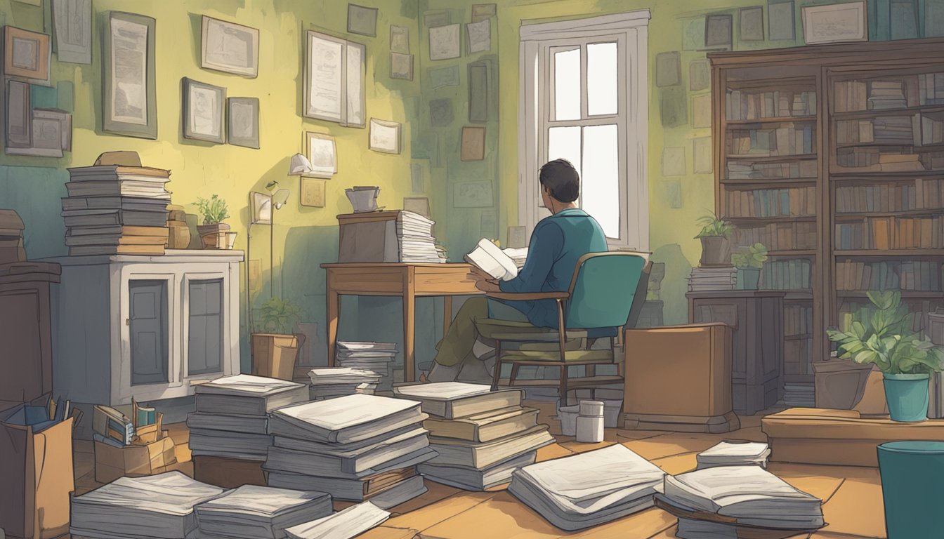 A room with moldy walls and furniture, causing a hazy and musty atmosphere. Books and papers are scattered, and a person appears distracted and unfocused