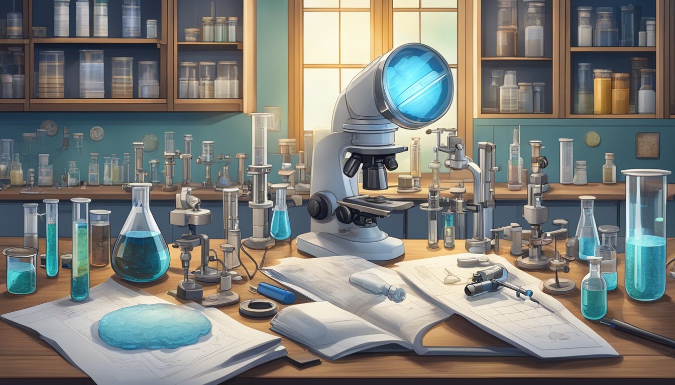 A laboratory setting with test tubes, microscopes, and scientific equipment. A brain model and mold samples are displayed, surrounded by research papers and data charts