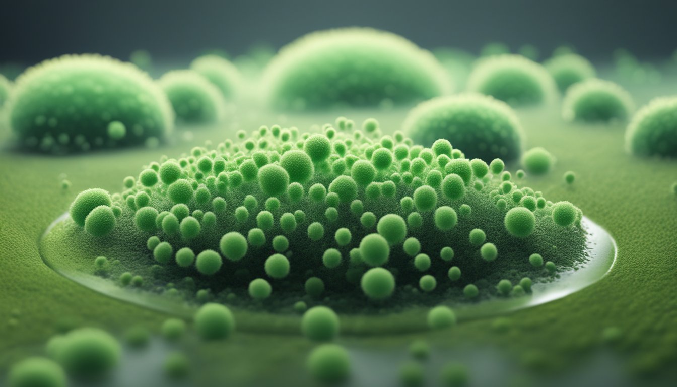Mold spores float through the air, landing on damp surfaces. They begin to grow, forming a fuzzy, greenish-black layer