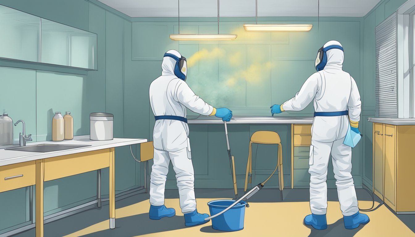 A clean, well-ventilated room with mold-resistant materials. A person wearing protective gear inspects and cleans surfaces to prevent mold growth