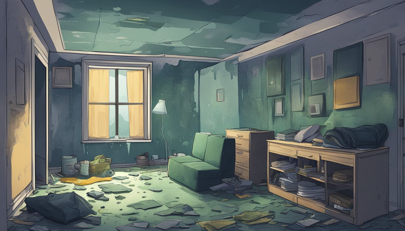 A dark, damp room with visible mold growth on walls and ceilings. A person's belongings are covered in mold, and the atmosphere feels oppressive and unhealthy