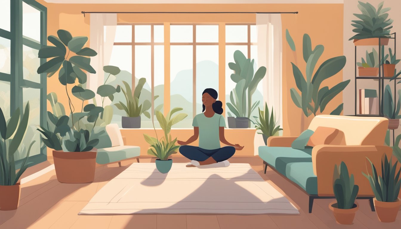 A cozy living room with sunlight streaming in through open windows, potted plants, and a serene color palette. A person is seen engaging in calming activities like reading, meditating, or practicing yoga