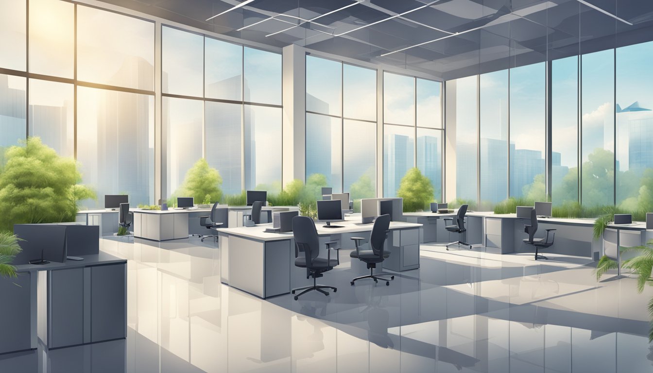 A modern office building with proper ventilation and moisture control to prevent mold growth. Employees working in a healthy environment with clean air and natural light