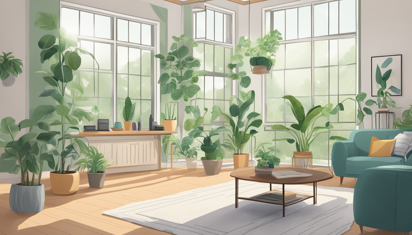 A clean, organized living space with air purifiers, dehumidifiers, and natural light. Plants and open windows add fresh air