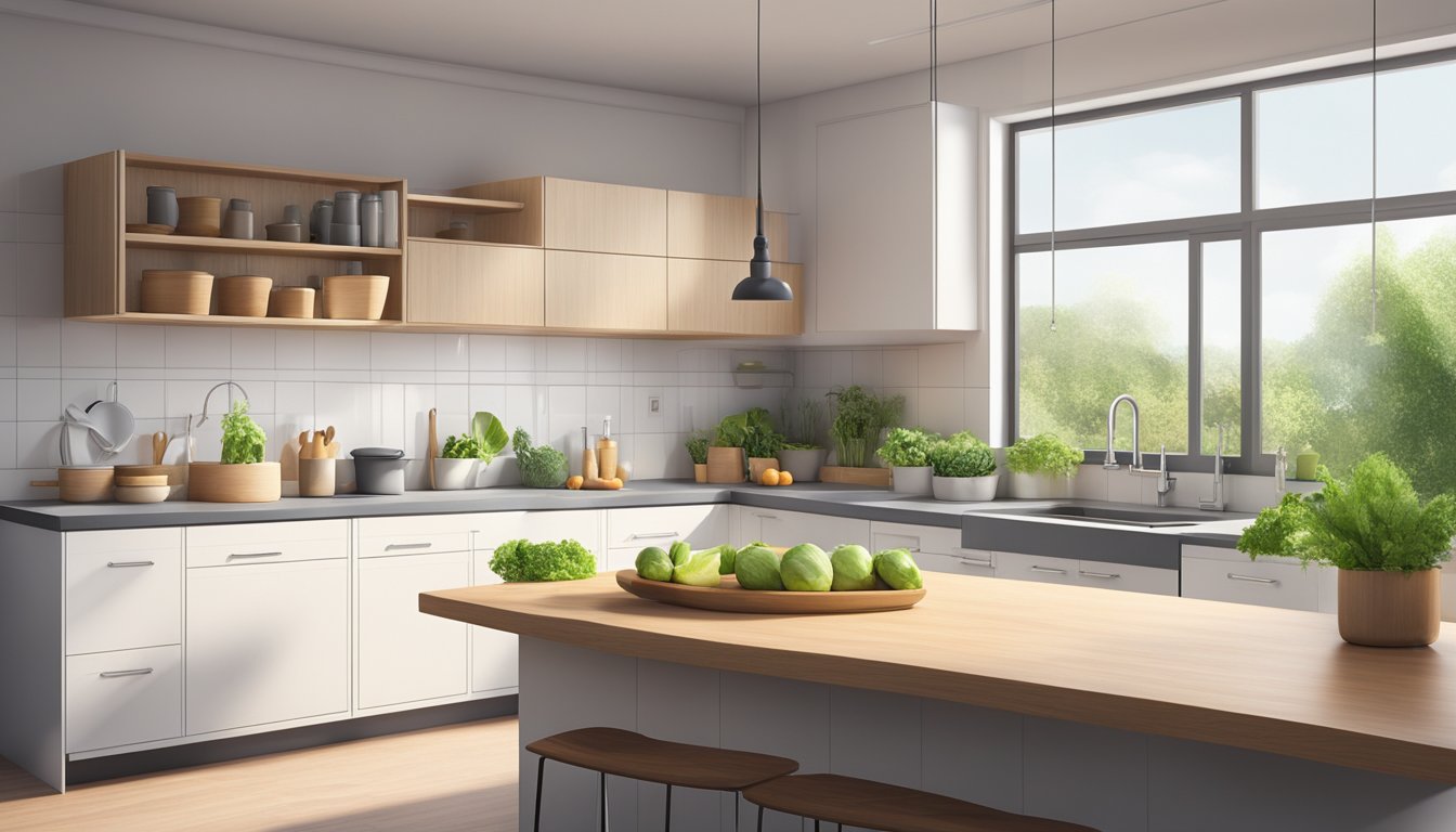 A clean, minimalist kitchen with organic produce and natural cleaning products. Open windows allow fresh air to circulate, creating a healthy, mold-free environment