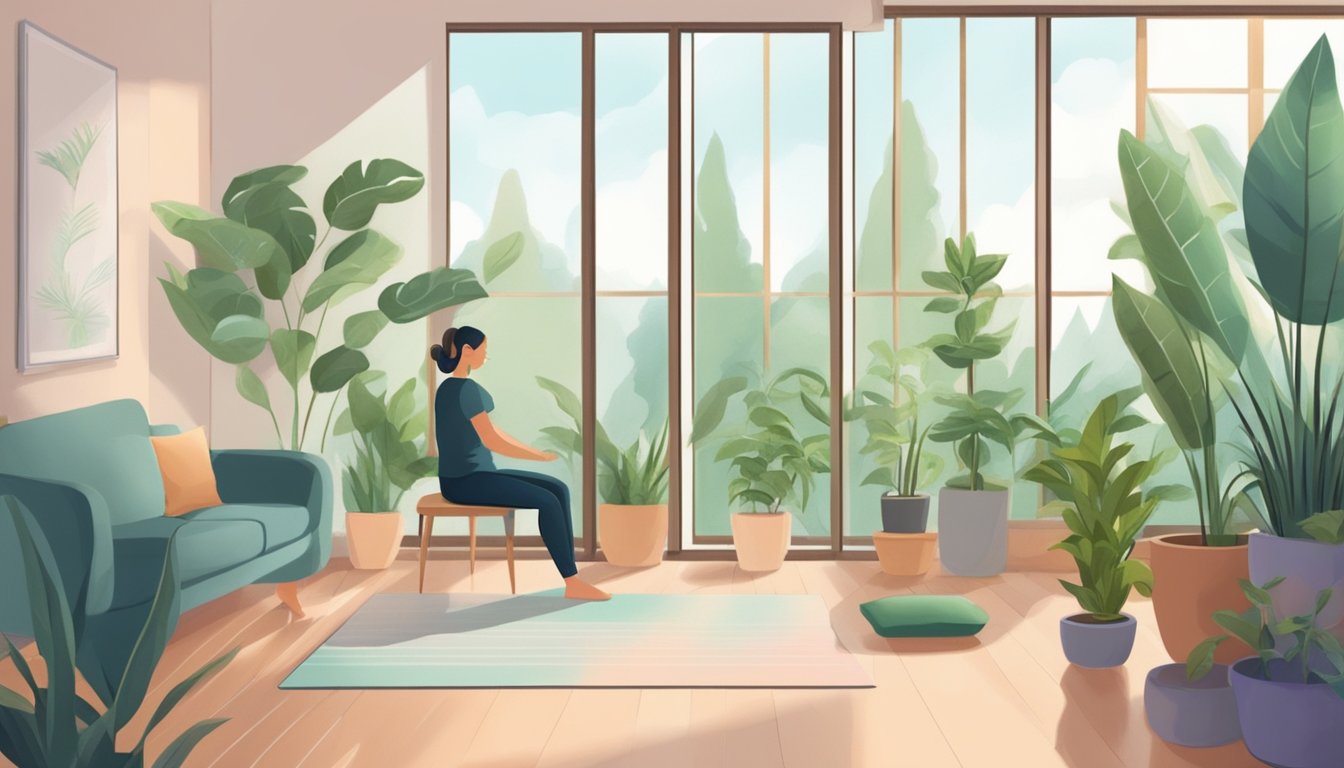 A room with plants, air purifiers, and natural light. A person practicing mindfulness or yoga. A therapist providing counseling