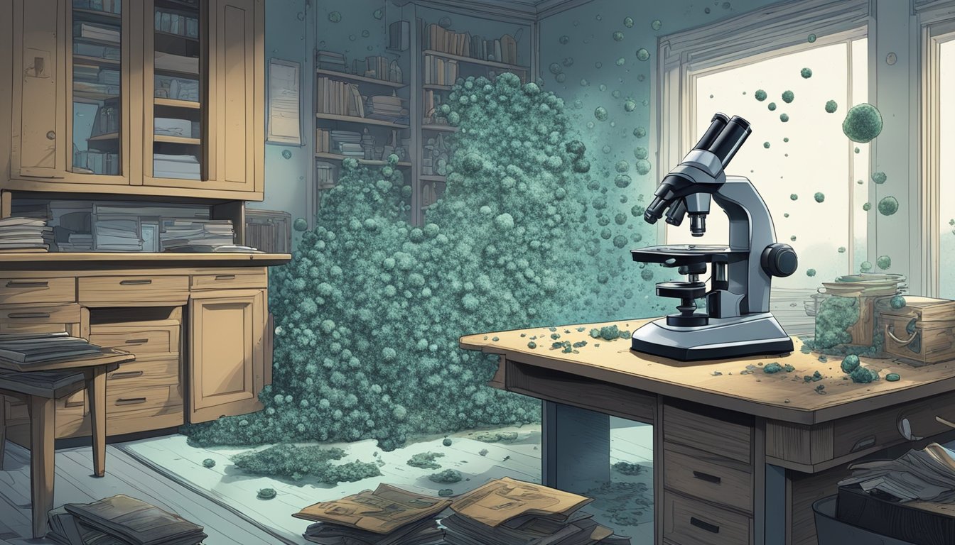 Mold spores infiltrate a dimly lit room, swirling in the air. A microscope sits on a cluttered desk, revealing intricate details of the mold's structure