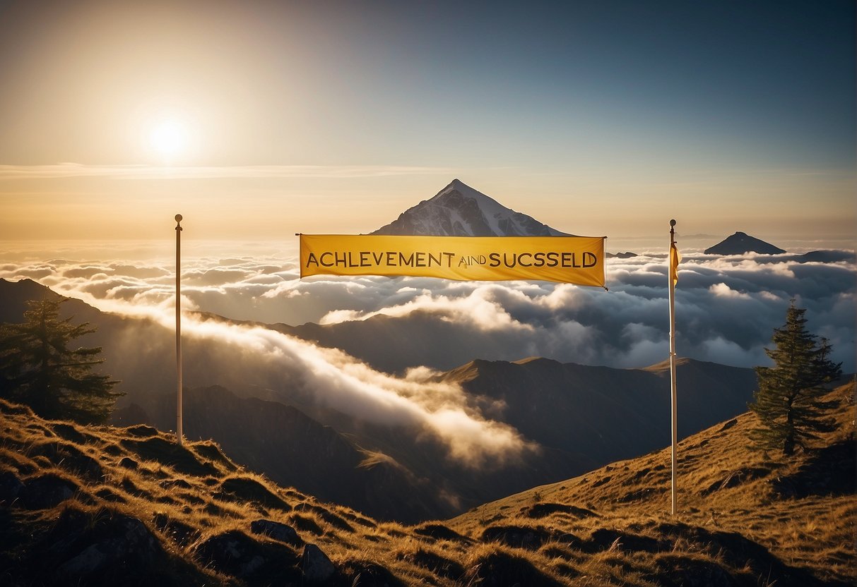 A mountain peak rising above the clouds, with a golden sun shining down and a banner that reads "Achievement and Success - Be Proud of Yourself" fluttering in the wind