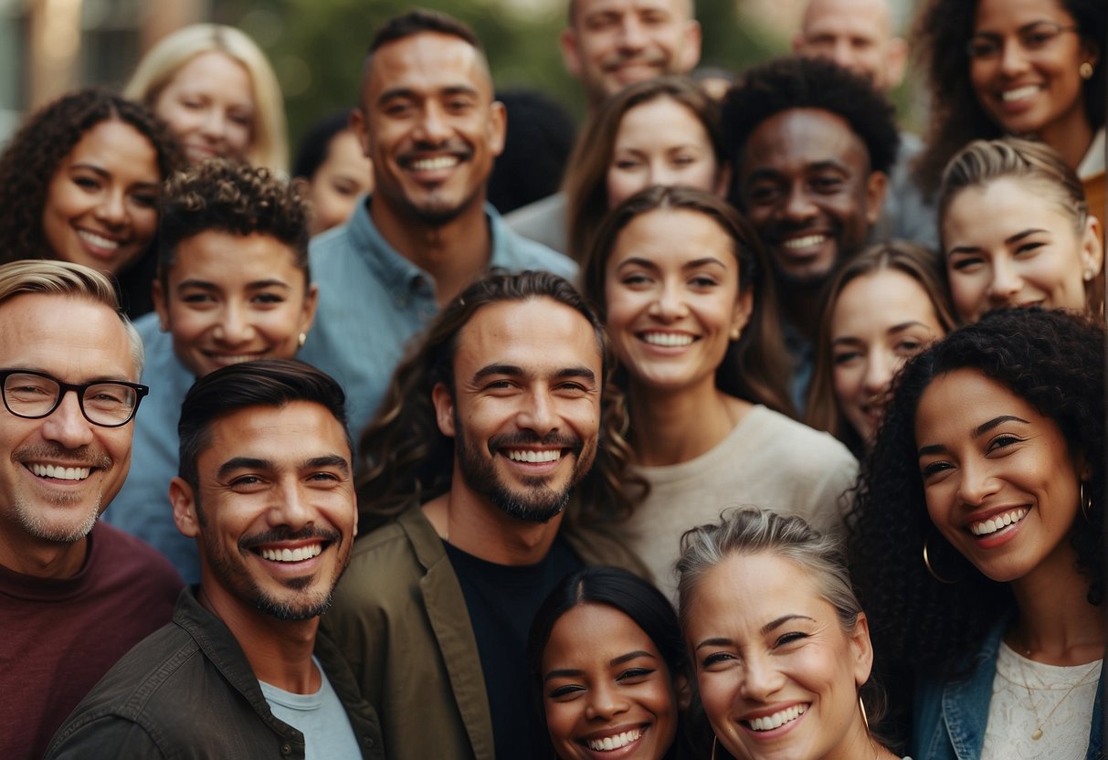 A diverse group of people standing together, smiling and laughing, with words like "be proud of yourself" and "community and relationships" floating around them