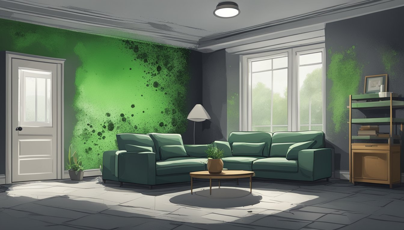 A dark and damp environment with visible mold growth on surfaces, such as walls and ceilings. Different types of mold, including black, green, and white, are present, showcasing the variety of molds that can be found