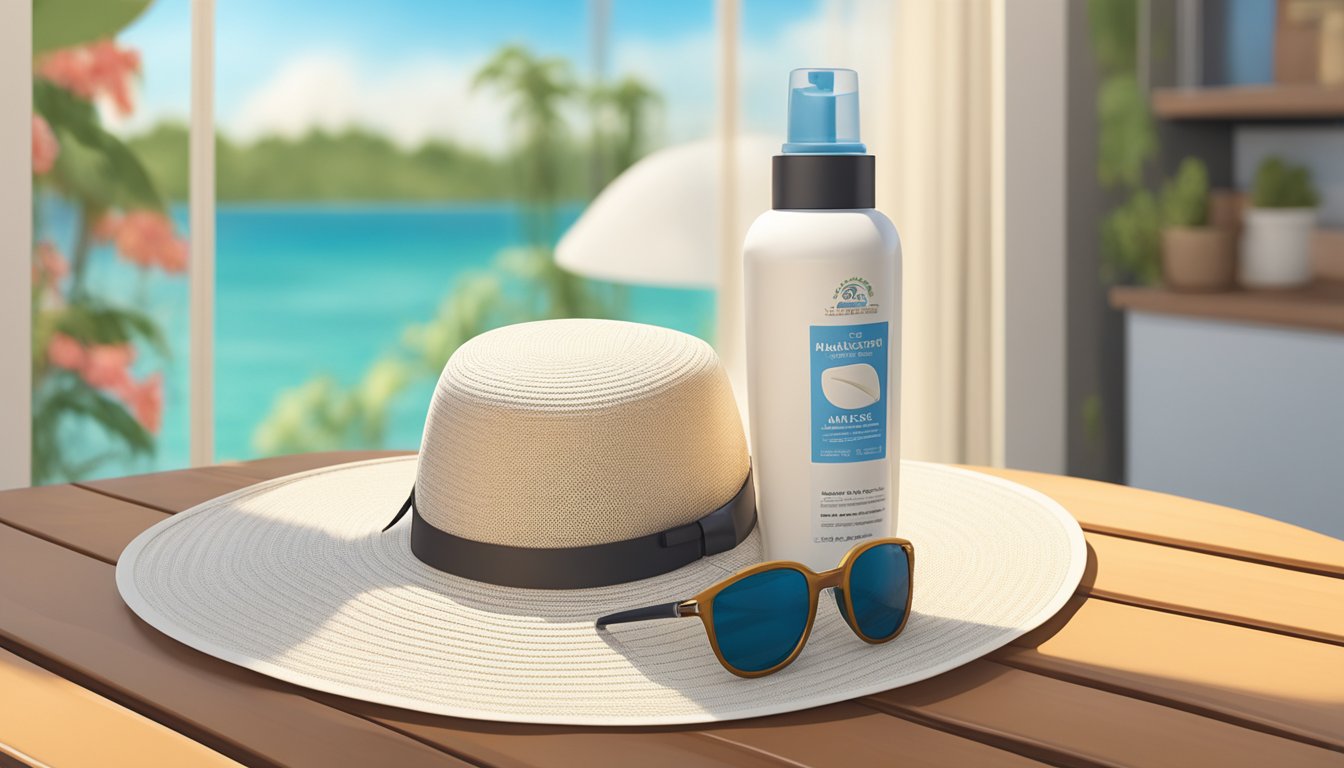 A bottle of mold-resistant sunscreen sits on a table next to a wide-brimmed hat and sunglasses. A window is open with a mesh screen to keep out allergens