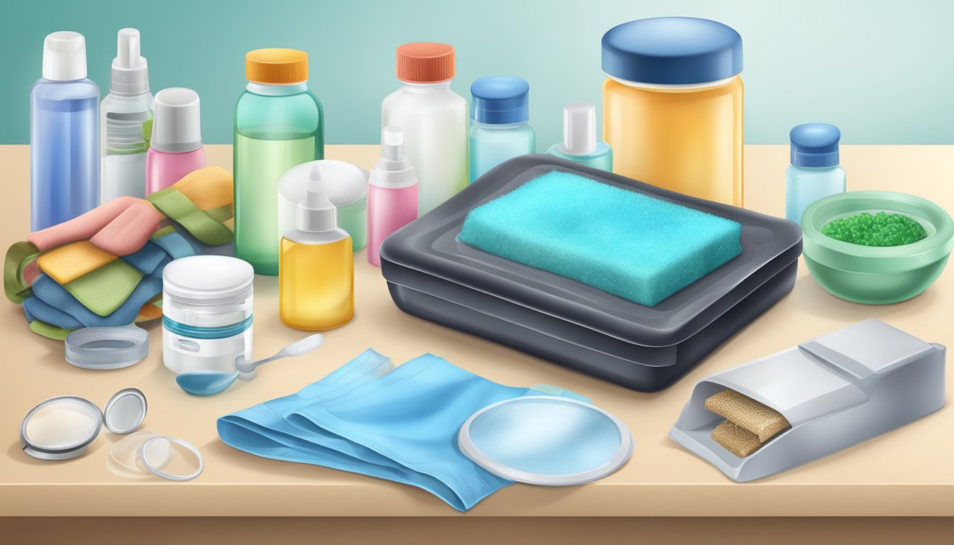 A table with various diagnostic tools and skin protection items against mold allergens