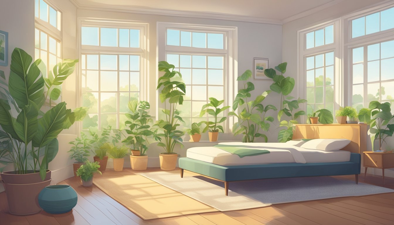 A sunny room with open windows, plants, and air purifier. Clean surfaces and no visible mold