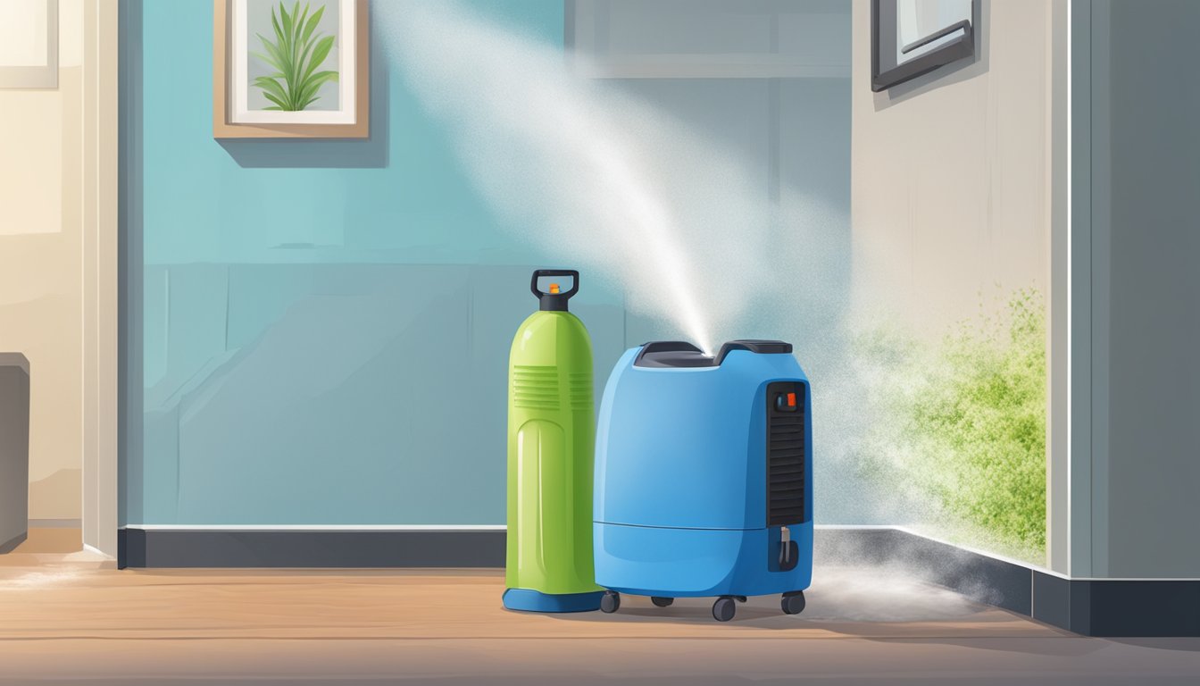 A dehumidifier removes moisture from a damp room. Mold grows on a damp surface. A person applies anti-mold spray to a moldy area