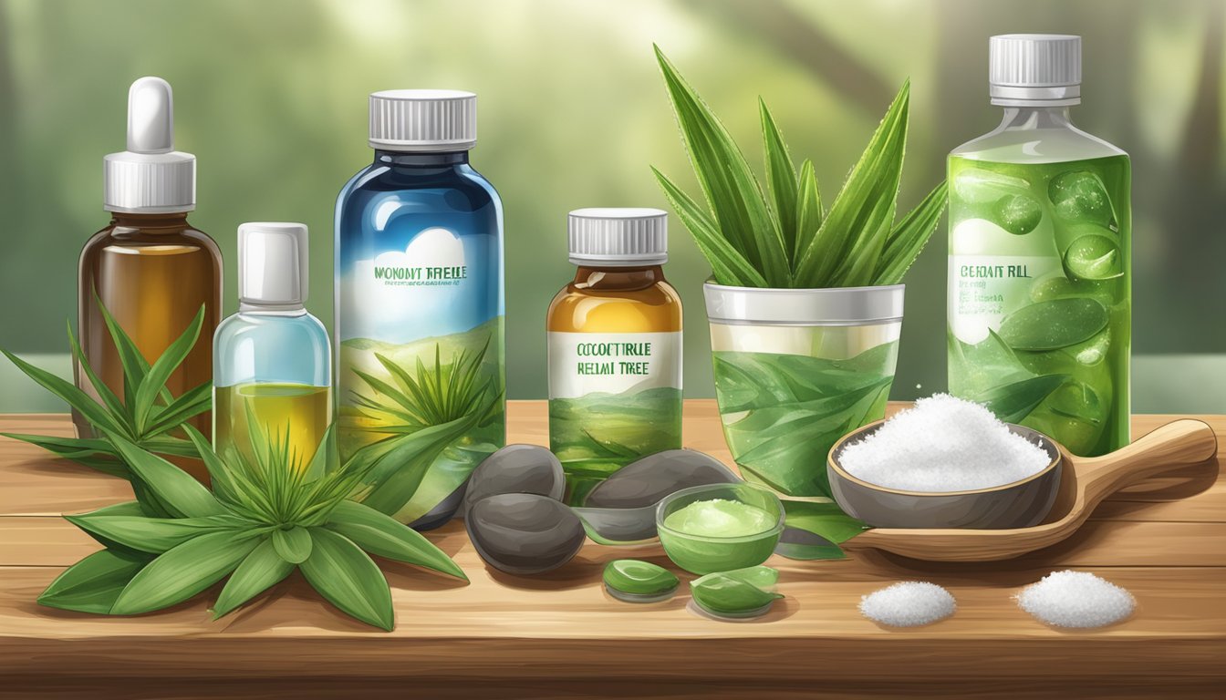 A variety of natural remedies, such as tea tree oil, aloe vera, and coconut oil, are displayed on a wooden table, surrounded by mold-infested surfaces