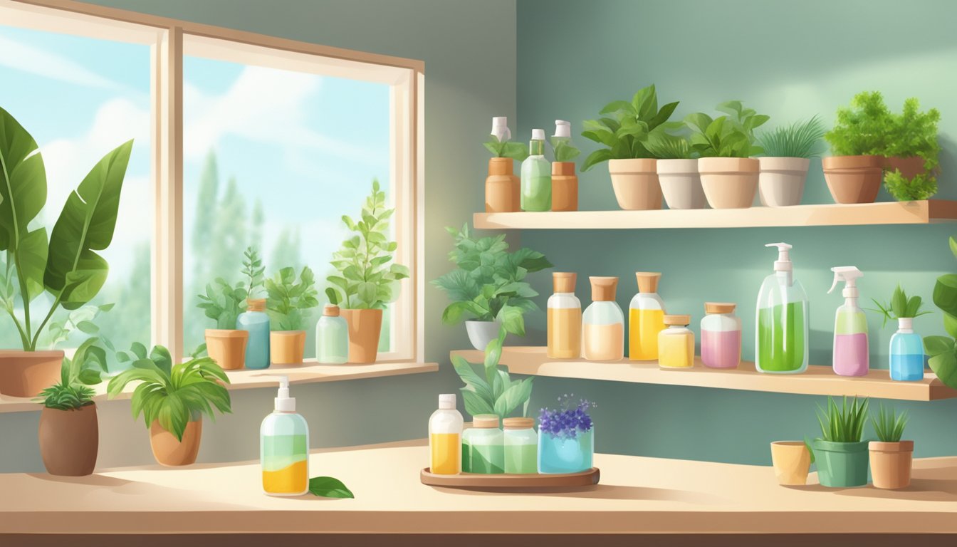 A room with open windows and sunlight, plants and essential oils on a shelf, and natural cleaning products on a counter