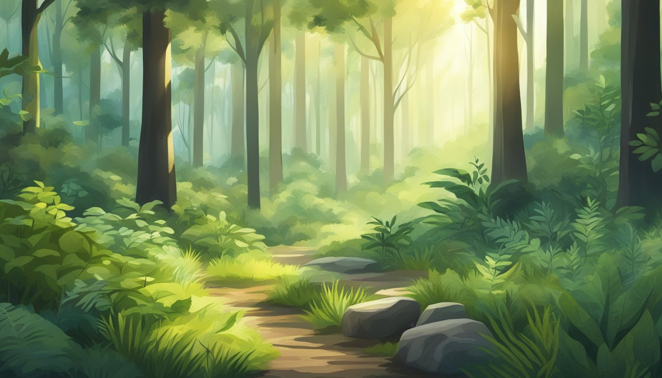 A serene forest with sunlight filtering through trees, showcasing various plants and herbs known for their detoxifying and mold-eliminating properties