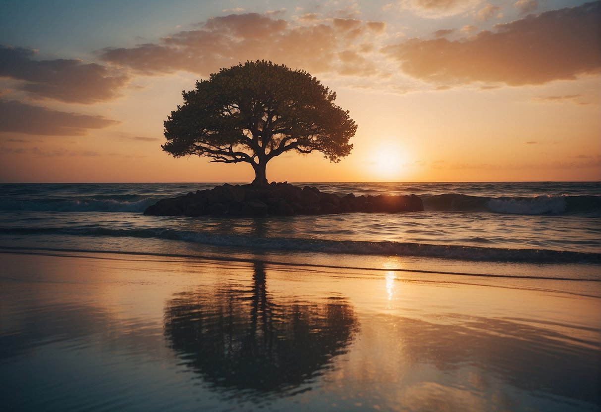 A serene sunset over a calm ocean with a lone tree standing strong on the shore, with the words "Motivational Insights for Healing strength inspirational breakup quotes" written in the sky