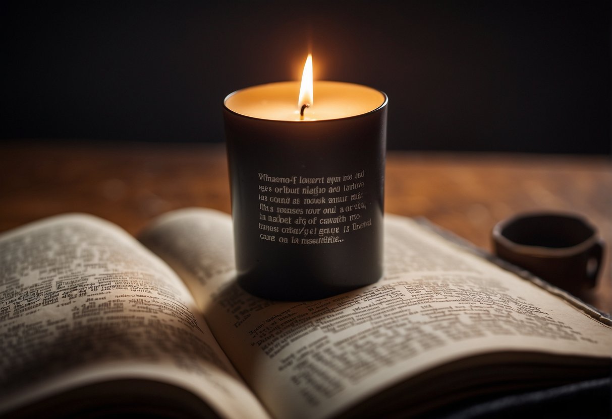 A solitary candle flickers, illuminating a tattered journal filled with powerful quotes about self-discovery and strength. The pages are worn, but the words still resonate with wisdom and inspiration