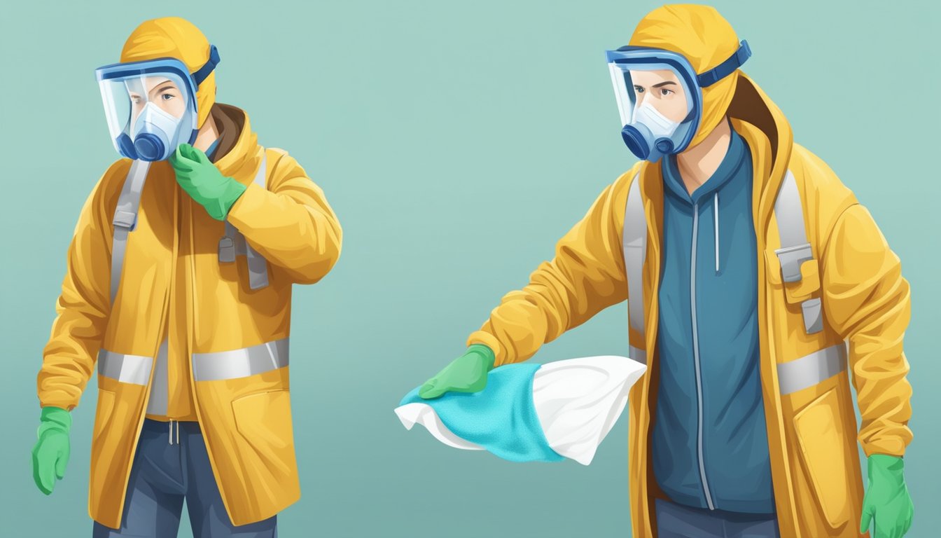 A person wearing protective gear sprays moldy surface with cleaning solution, then wipes it off with a disposable cloth