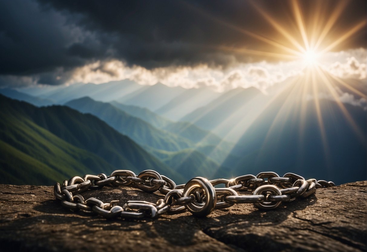 A mountain peak rising above storm clouds, with a beam of sunlight breaking through. A broken chain lies at the base, with the words "Strength" and "Resilience" intertwined