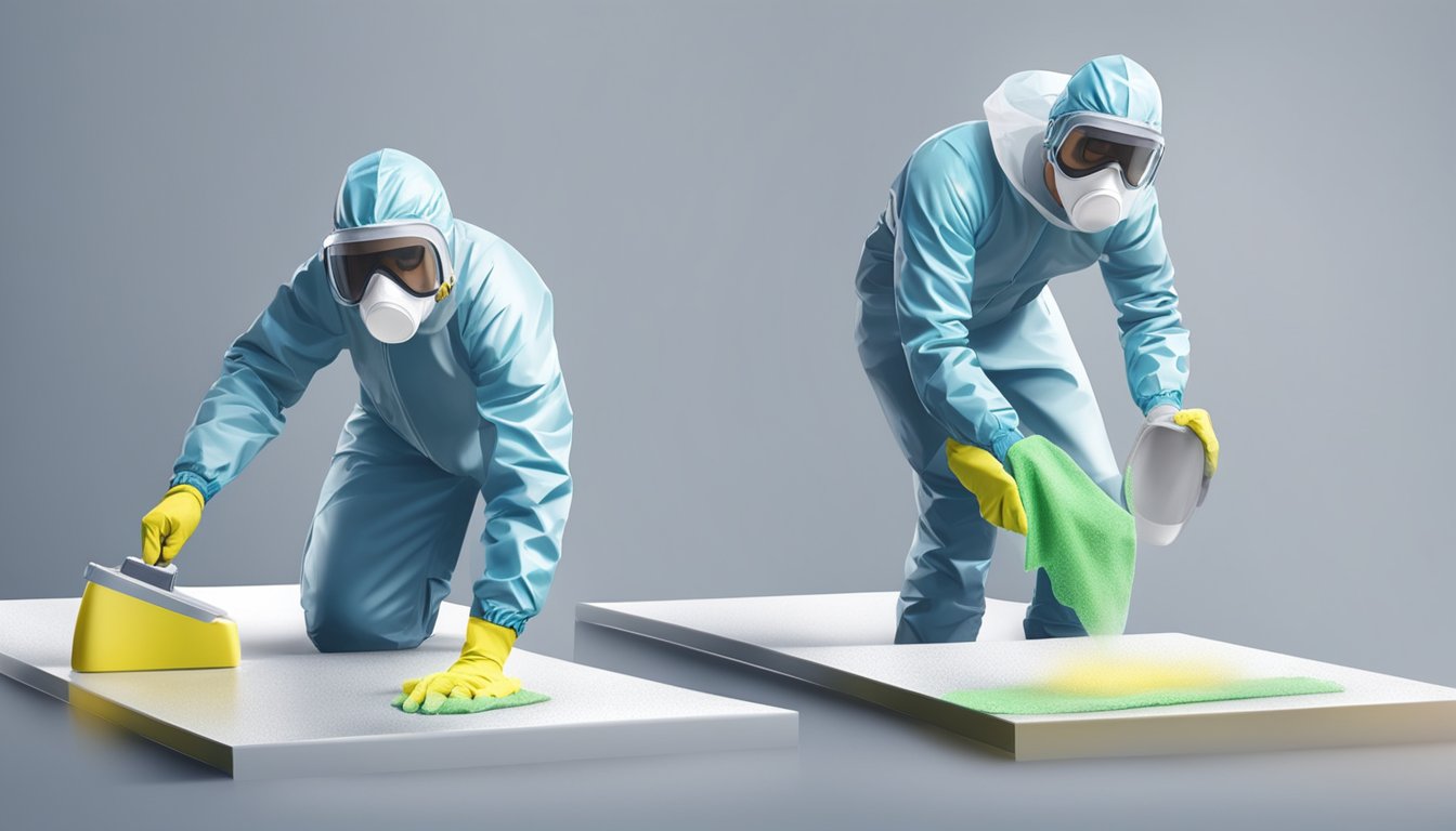 A person wearing protective gear sprays mold cleaner on a surface, then wipes it clean with a disposable cloth