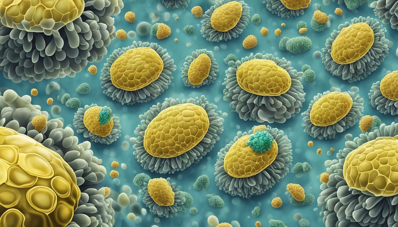 A microscope zooms in on mold spores releasing allergens, causing hives to form on skin