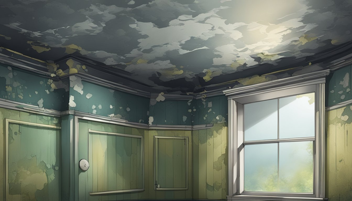 A damp, dark corner of a room with peeling wallpaper and visible patches of mold growing on the walls and ceiling